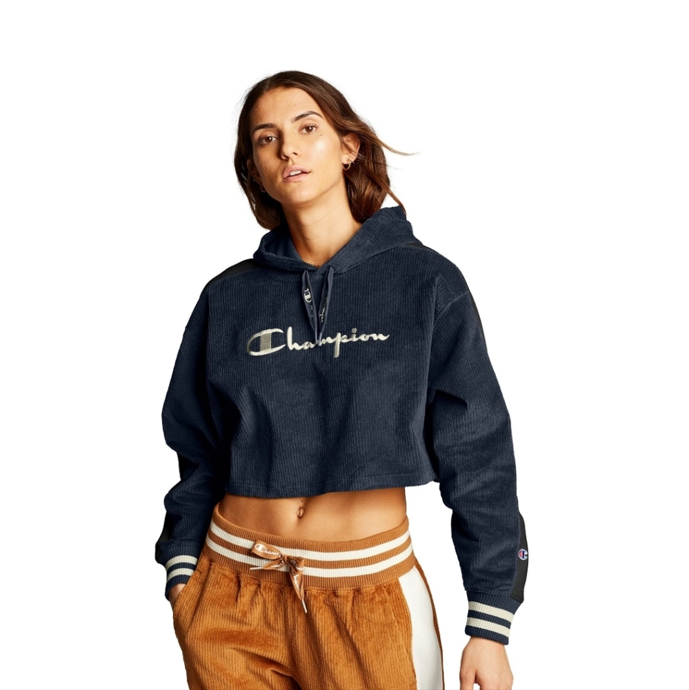 Champion Womens Reverse Weave Corduroy Cropped Hoodie Navy Size S